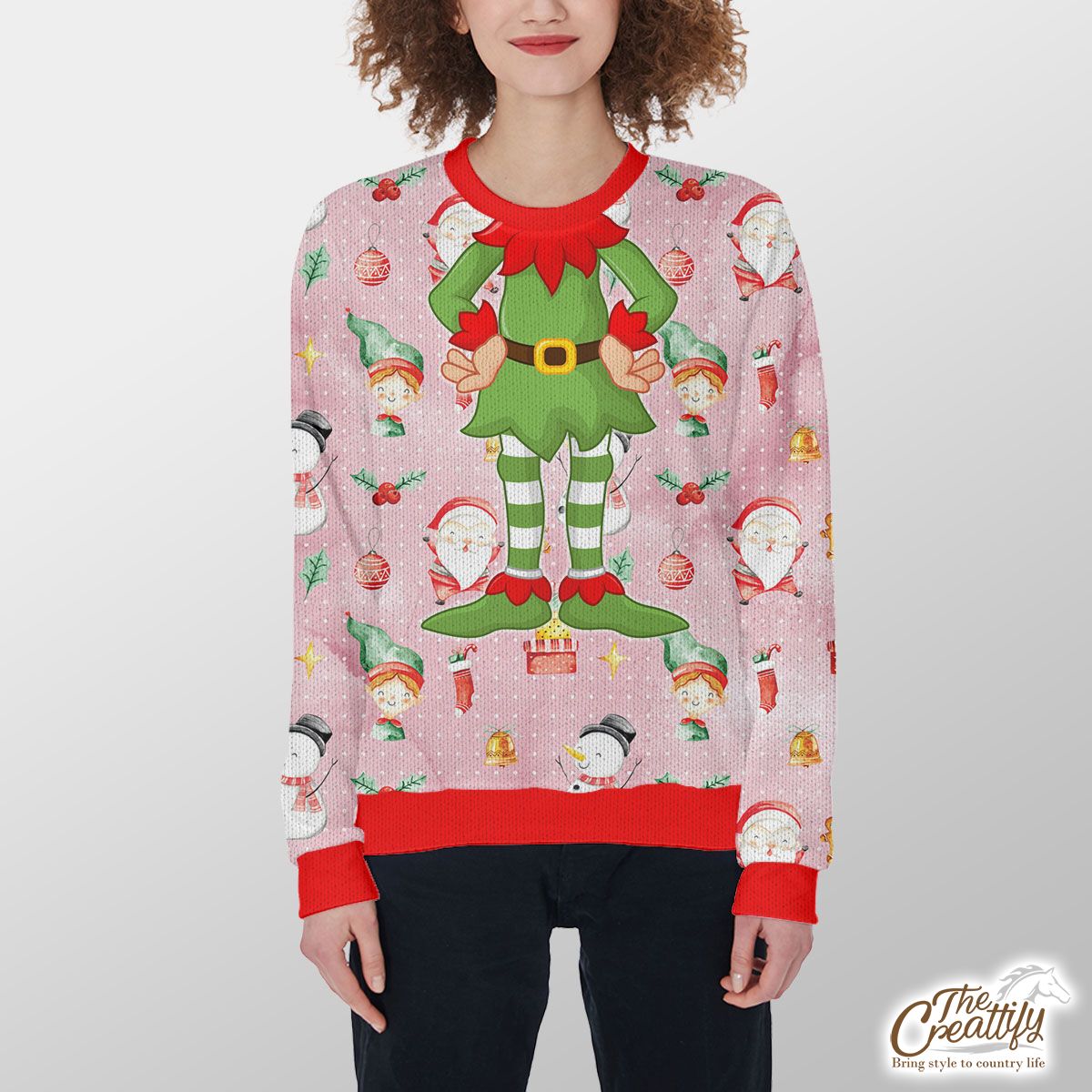 Santa Clause, Snowman And Christmas Elf With Christmas Gifts Customized Ugly Sweater