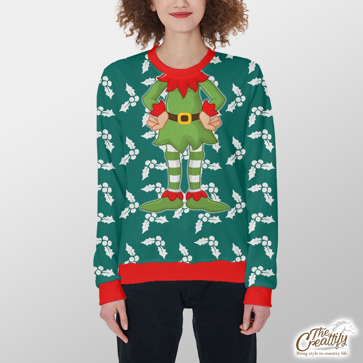 White And Dark Green Holly Leaf Christmas Customized Ugly Sweater