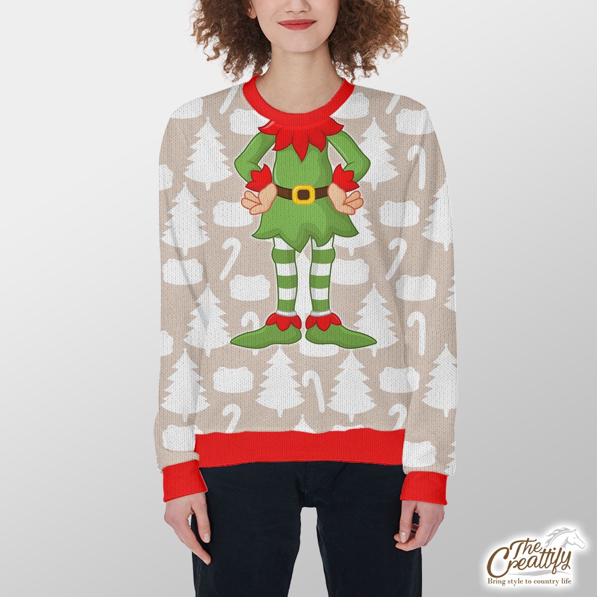 White Christmas Tree, Candy Cane On Beige Nude Background Customized Ugly Sweater