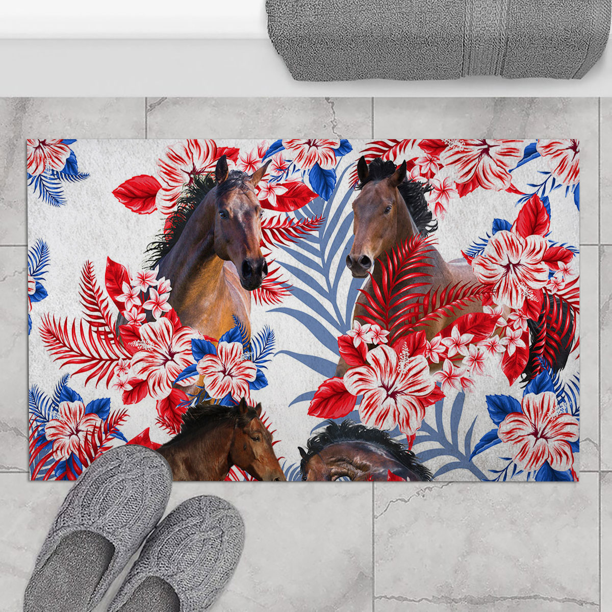 Horse Red Hibiscus Flower Doormat