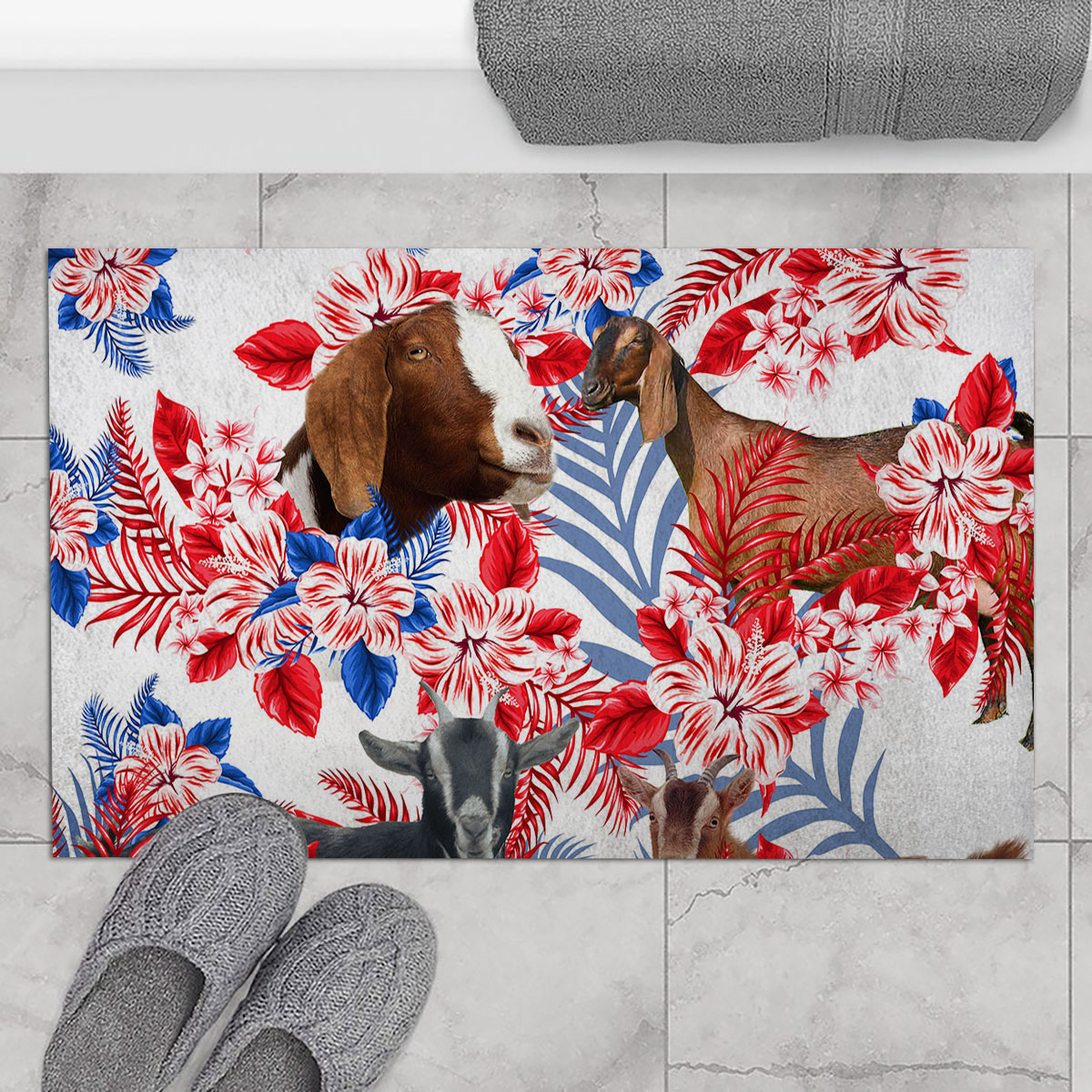 Nubian Goat Red Hibiscus Flower Doormat