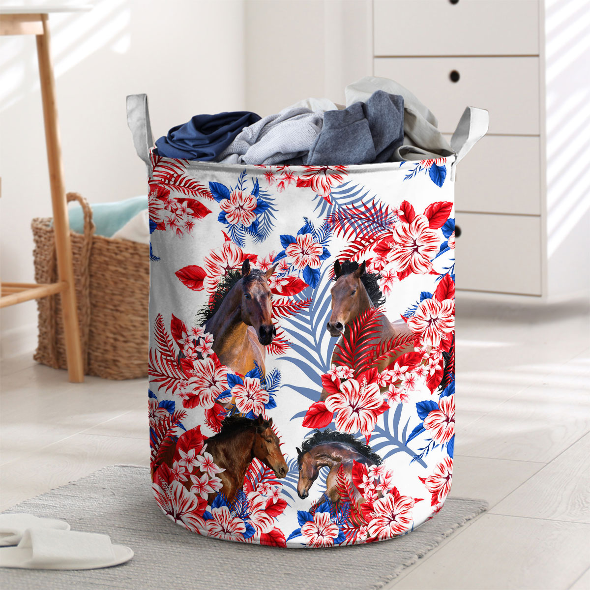 Horse Red Hibiscus Flower Laundry Basket