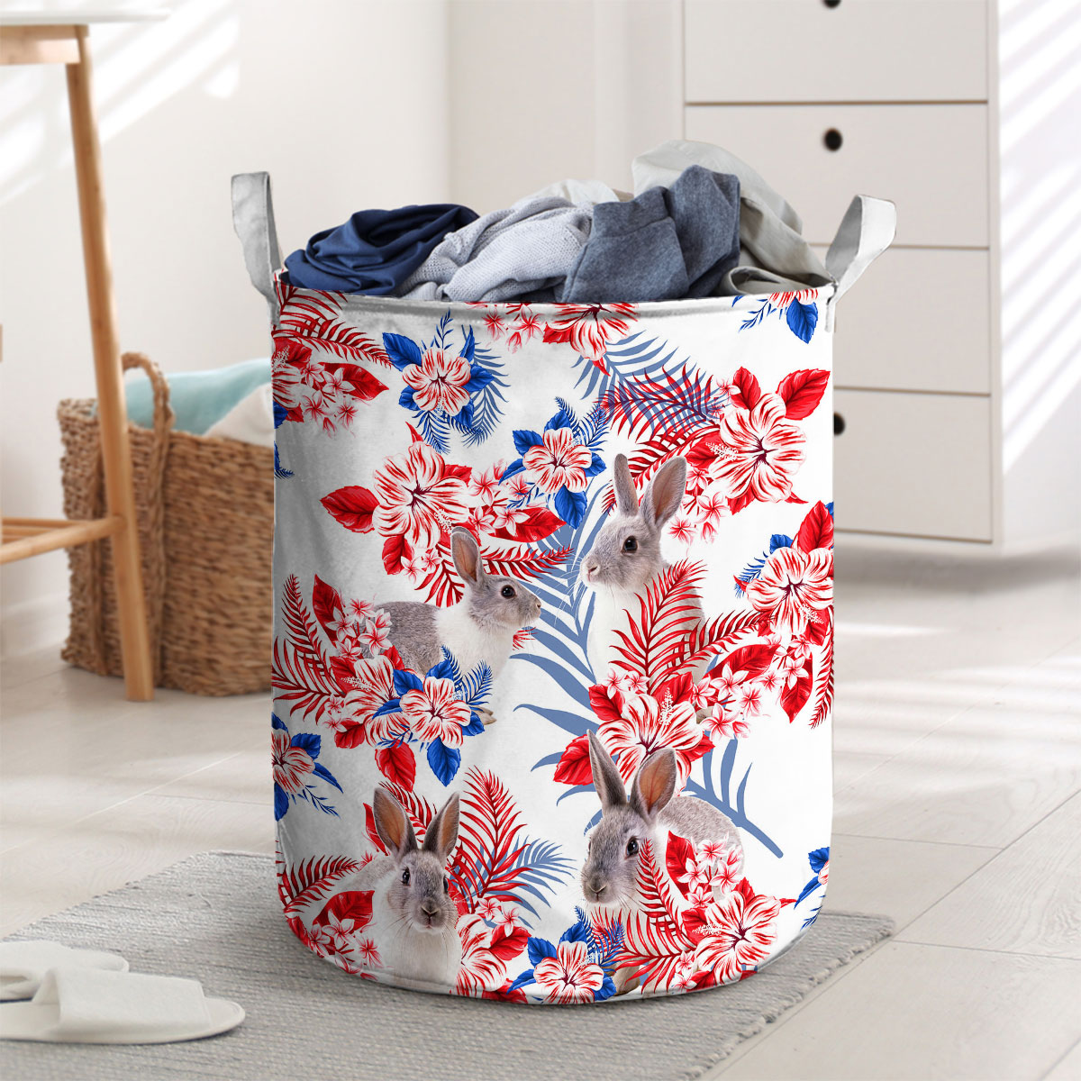 Rabbit Red Hibiscus Flower Laundry Basket