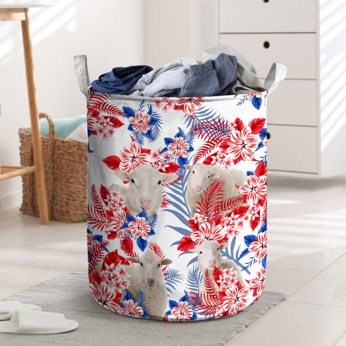 Sheep Red Hibiscus Flower Laundry Basket