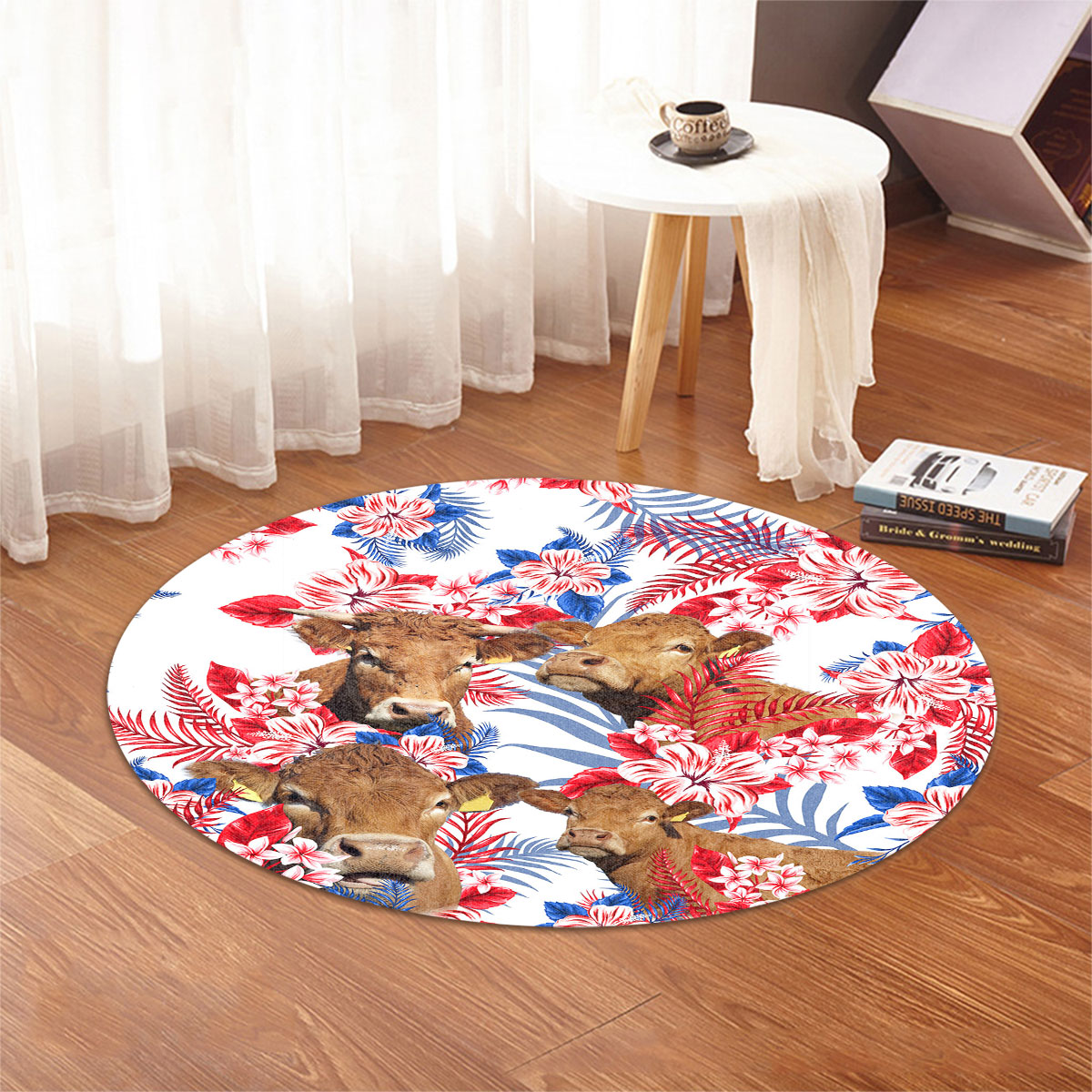 Limousin Red Hibiscus Flower Round Rug