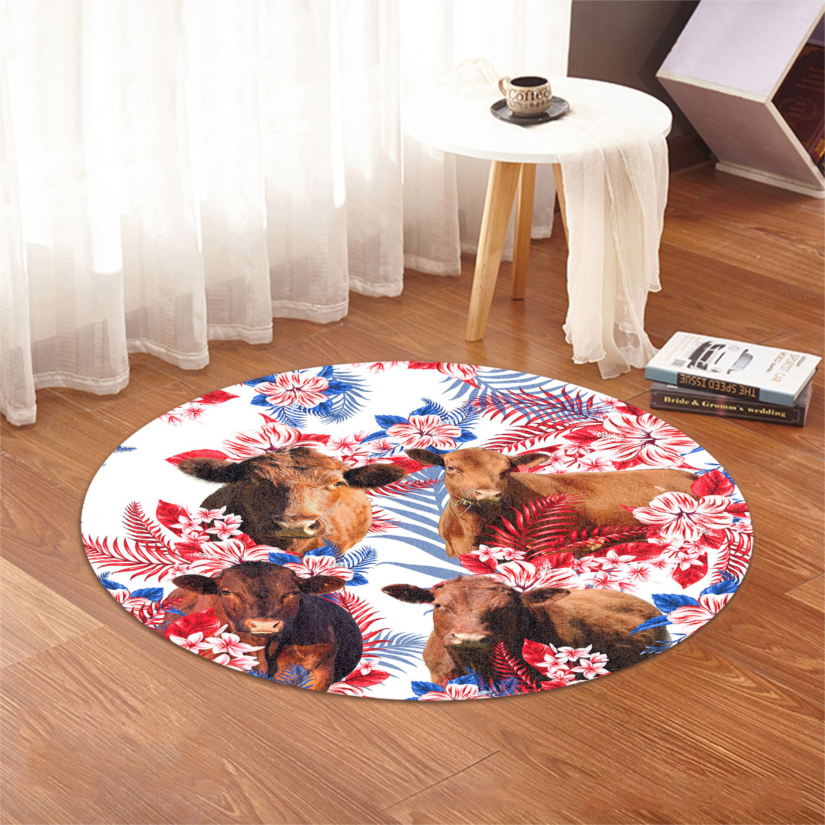 Red Angus Red Hibiscus Flower Round Rug