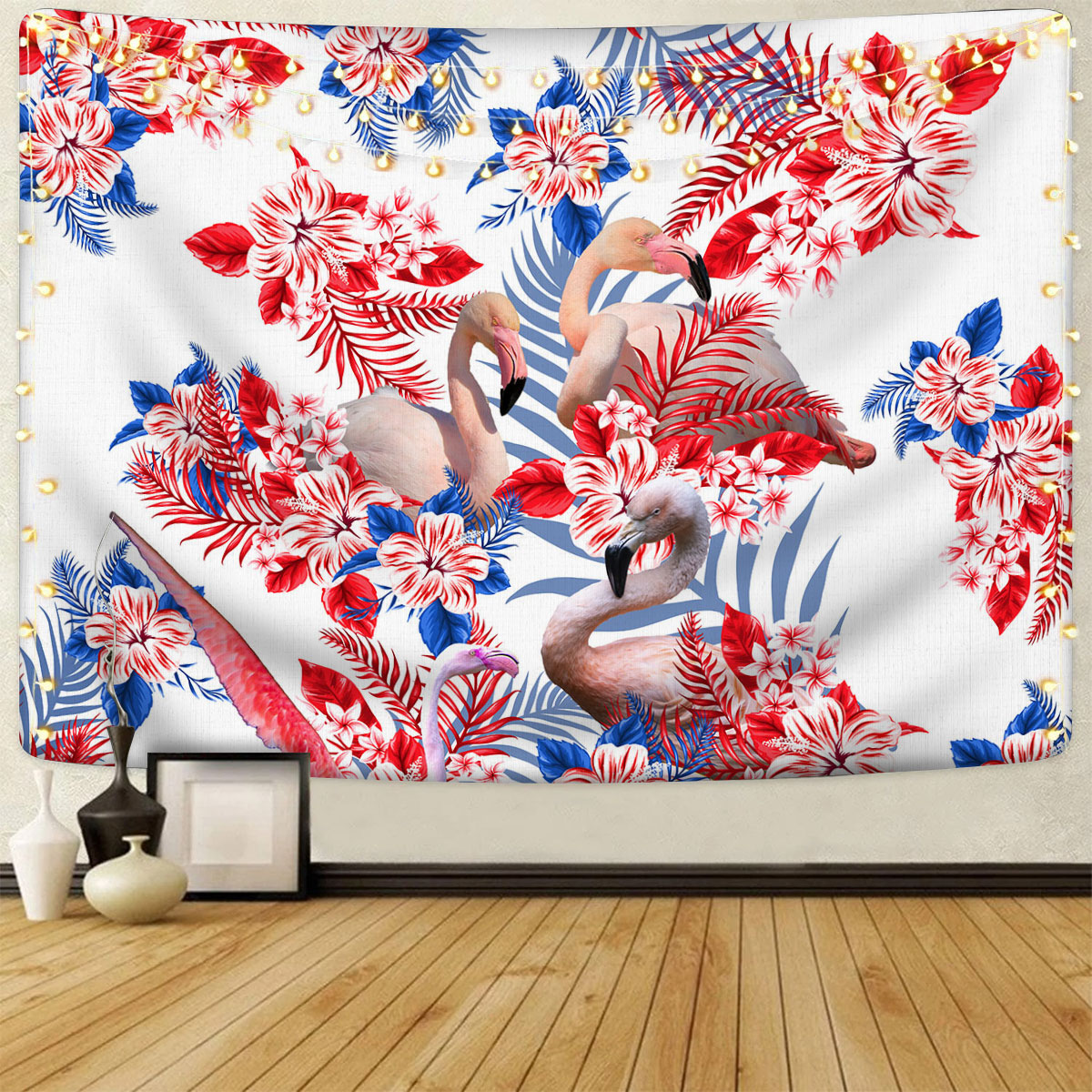 Flamingos Red Hibiscus Flower Tapestry