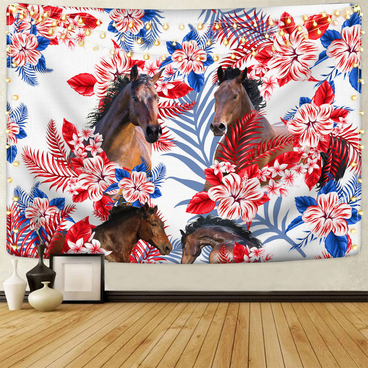Horse Red Hibiscus Flower Tapestry