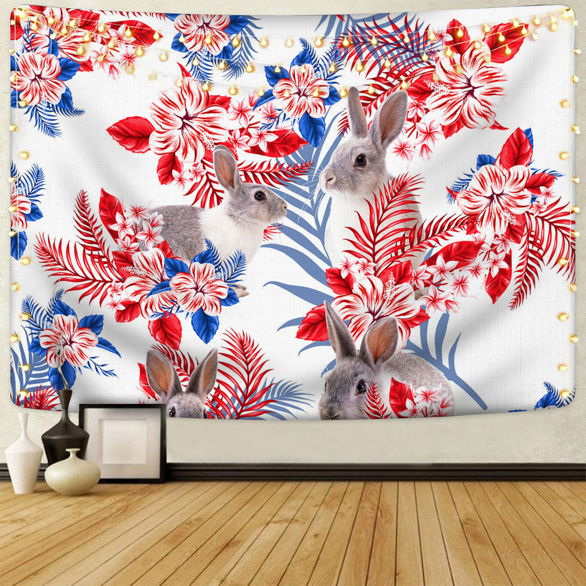 Rabbit Red Hibiscus Flower Tapestry