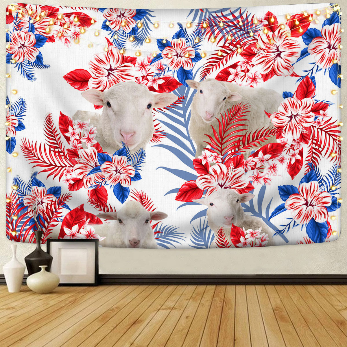 Sheep Red Hibiscus Flower Tapestry