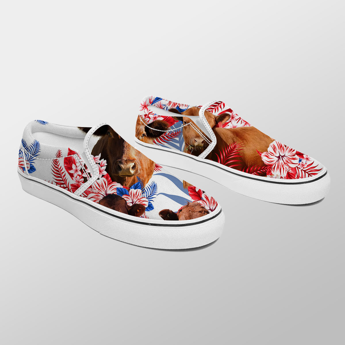 Red Angus Red Hibiscus Flower Slip On Sneakers
