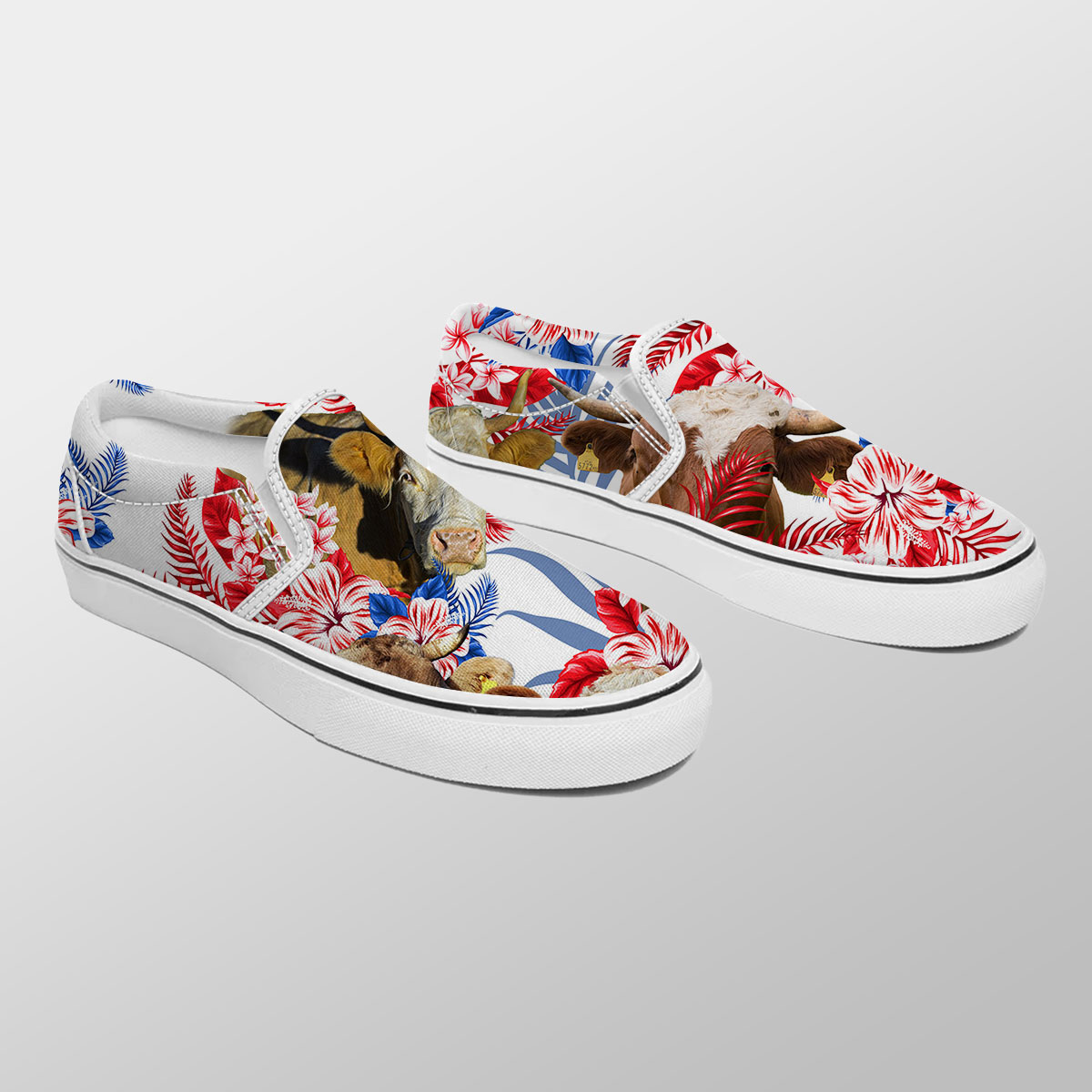 Simmental Red Hibiscus Flower Slip On Sneakers