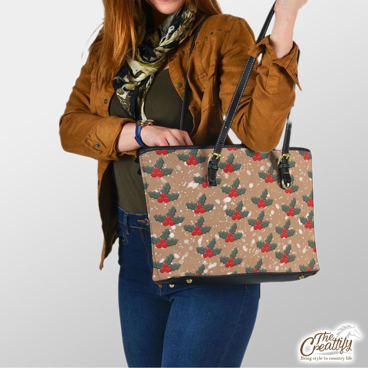 Holly Leaf On Snowflake Background Leather Tote Bag