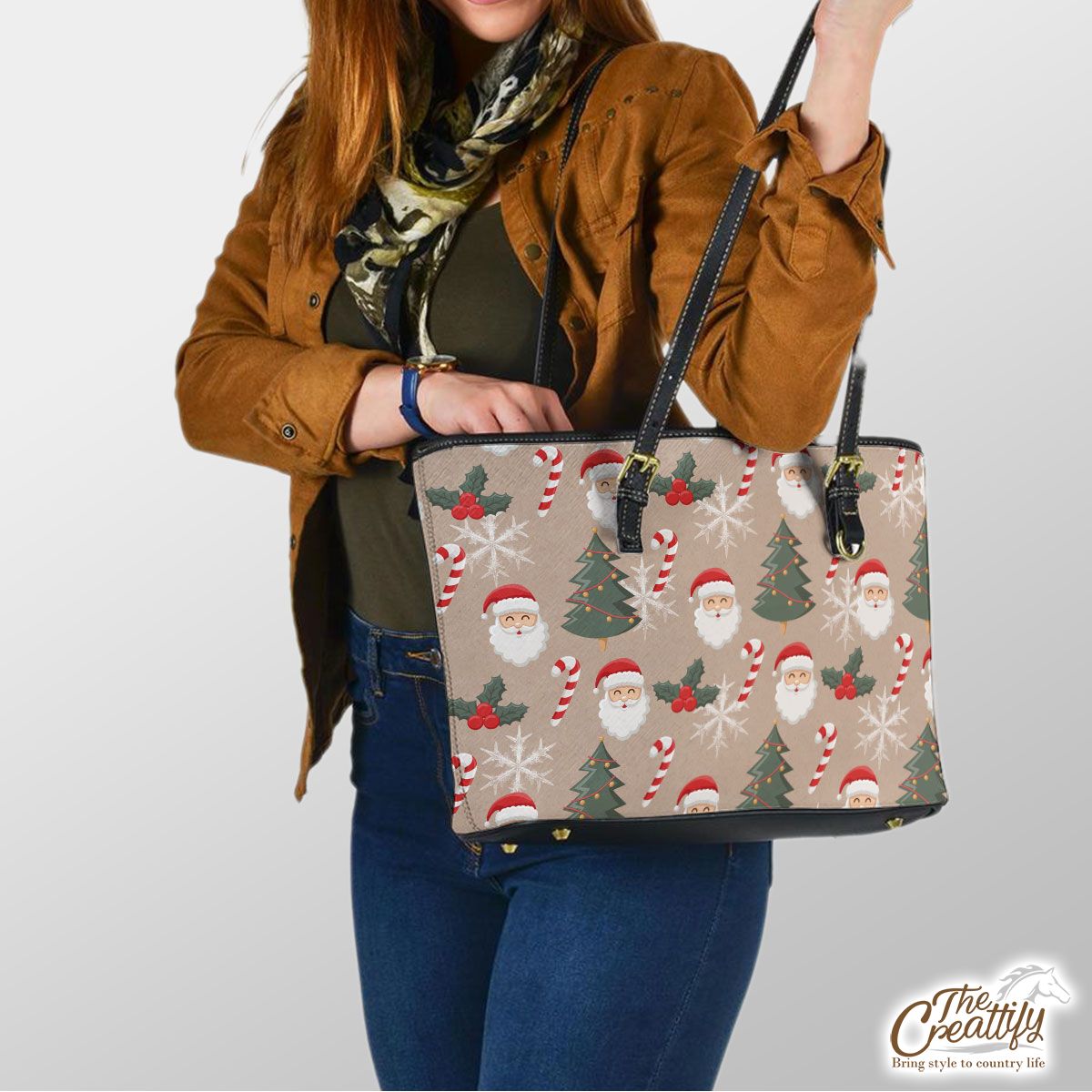 Santa Clause, Christmas Tree, Candy Cane, Holly Leaf On Snowflake Background Leather Tote Bag
