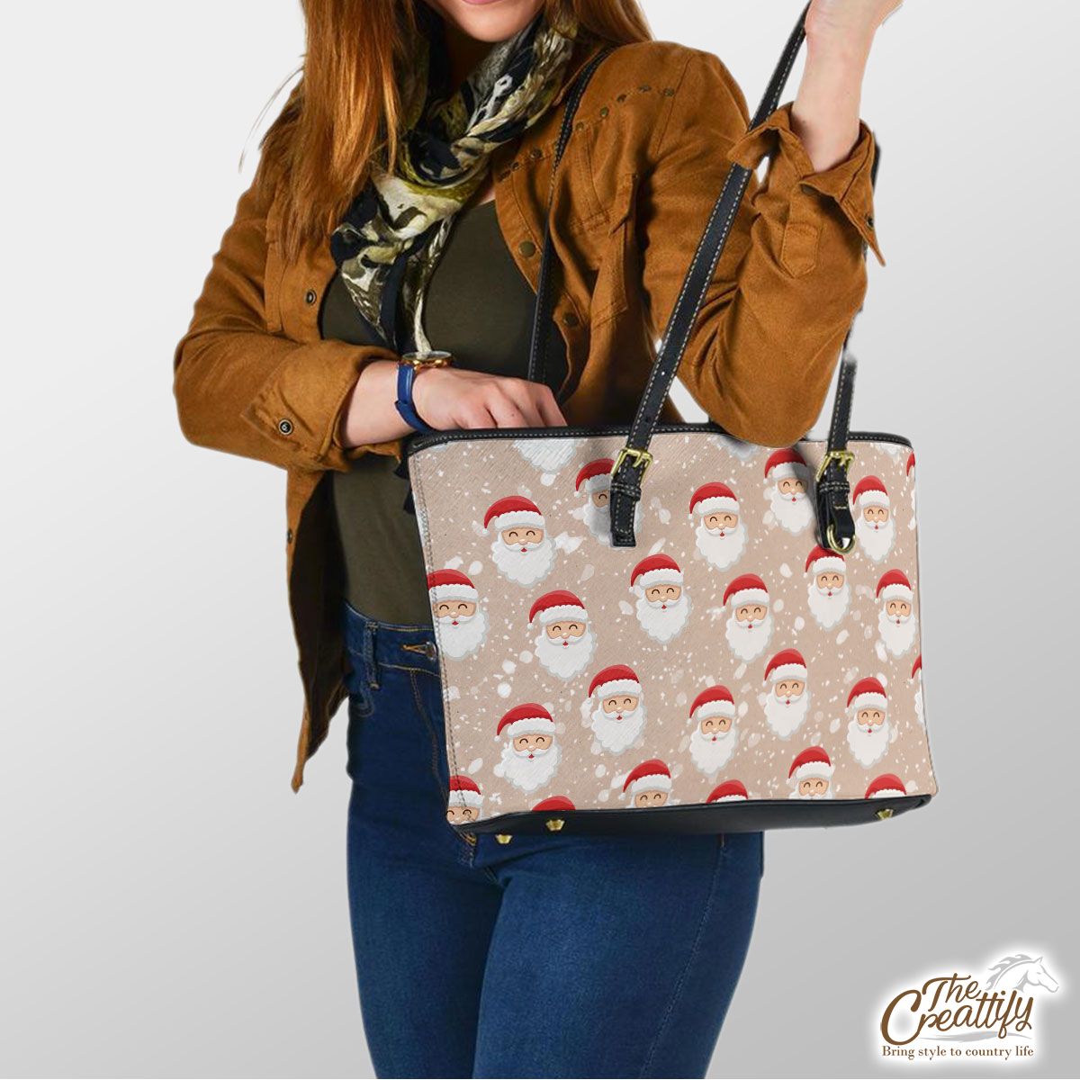 Santa Clause Snowflake Background Leather Tote Bag
