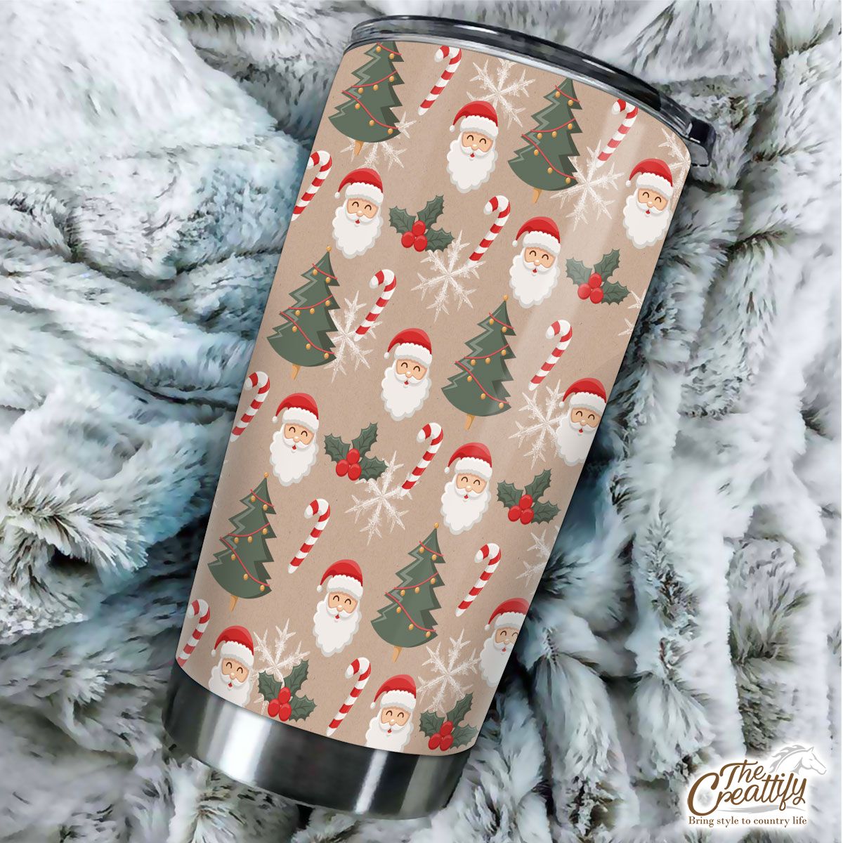 Santa Clause, Christmas Tree, Candy Cane, Holly Leaf On Snowflake Background Tumbler