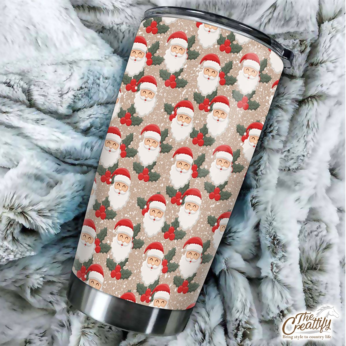Santa Clause And Holly Leaf On Snowflake Background Tumbler