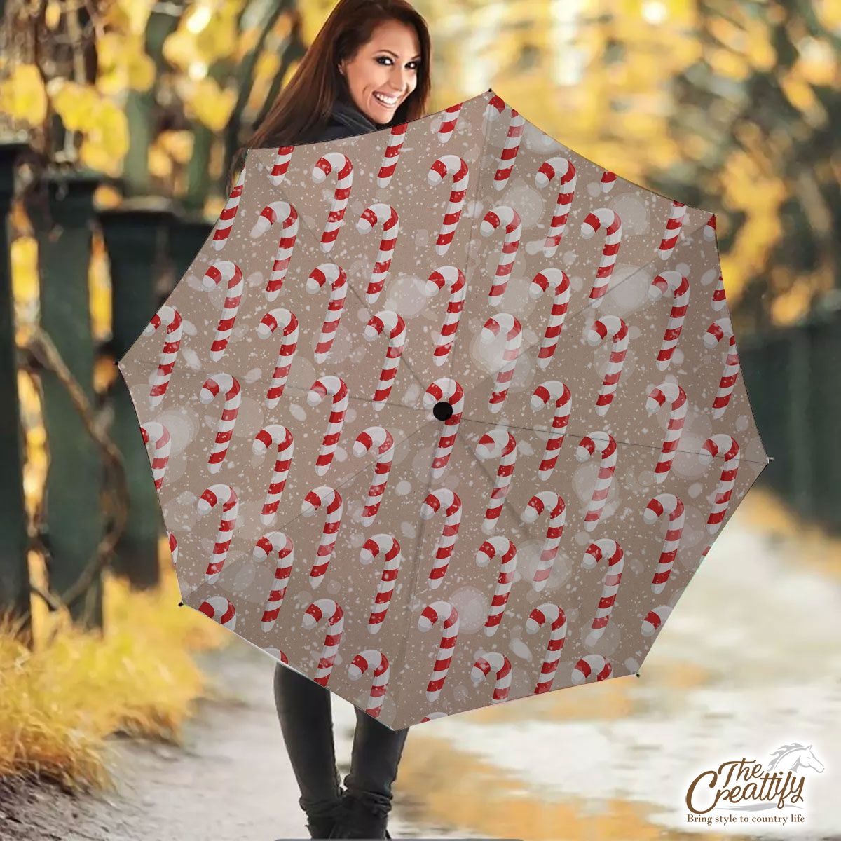 Christmas Candy Cane On Snowflake Background Umbrella