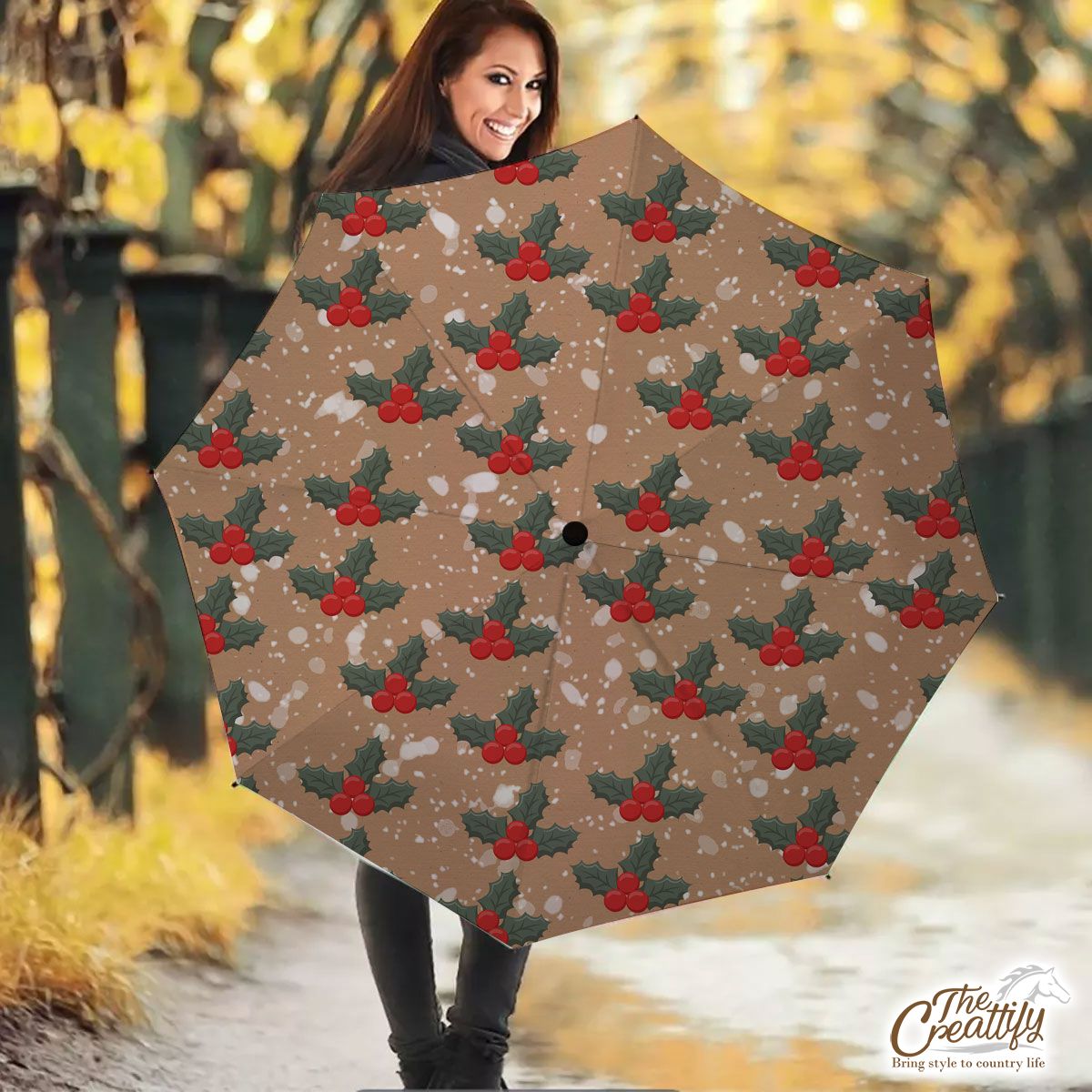 Holly Leaf On Snowflake Background Umbrella
