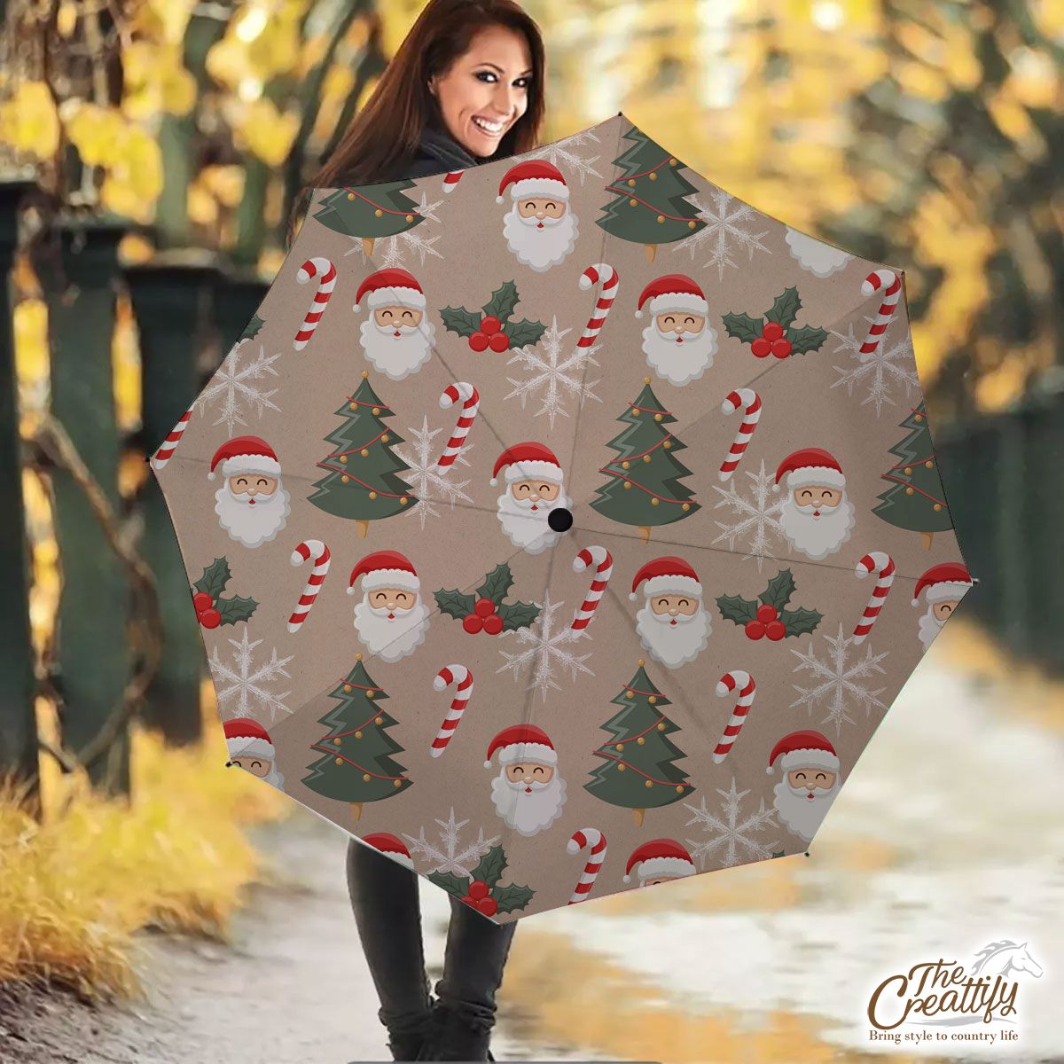 Santa Clause, Christmas Tree, Candy Cane, Holly Leaf On Snowflake Background Umbrella