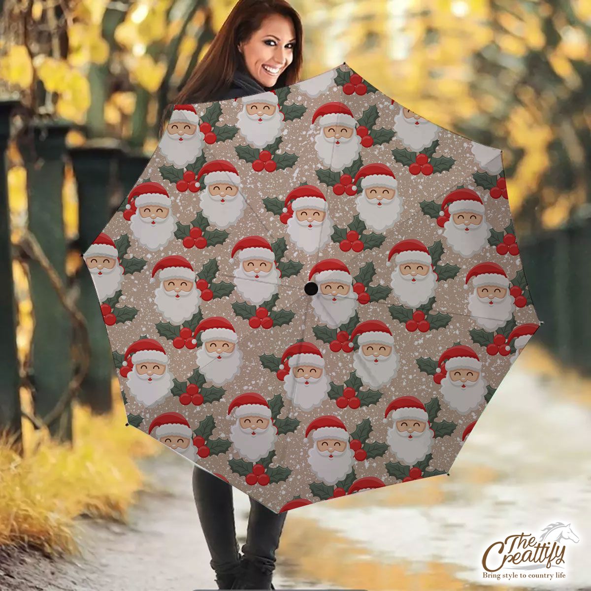 Santa Clause And Holly Leaf On Snowflake Background Umbrella