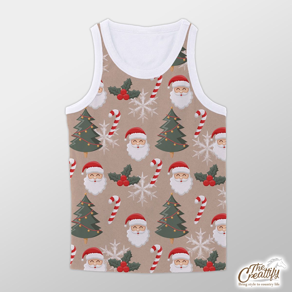Santa Clause, Christmas Tree, Candy Cane, Holly Leaf On Snowflake Background Unisex Tank Top