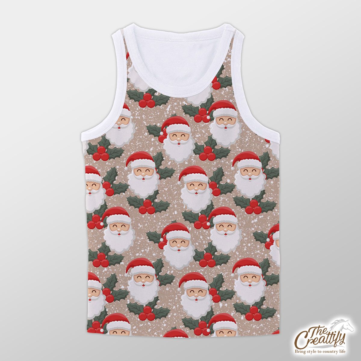 Santa Clause And Holly Leaf On Snowflake Background Unisex Tank Top