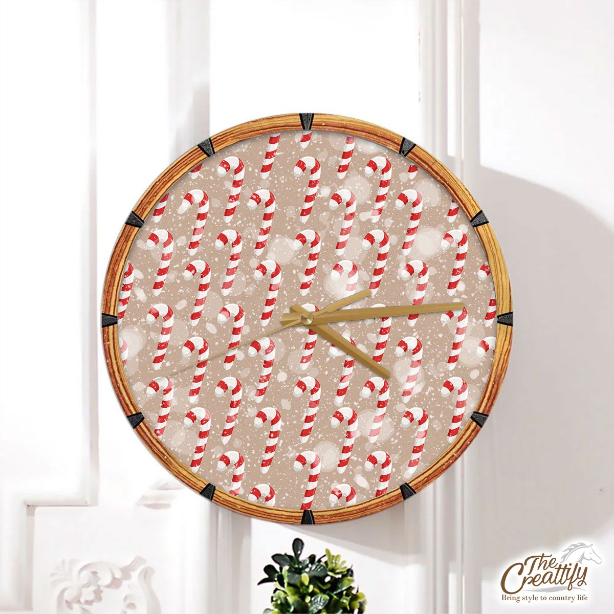Christmas Candy Cane On Snowflake Background Wall Clock