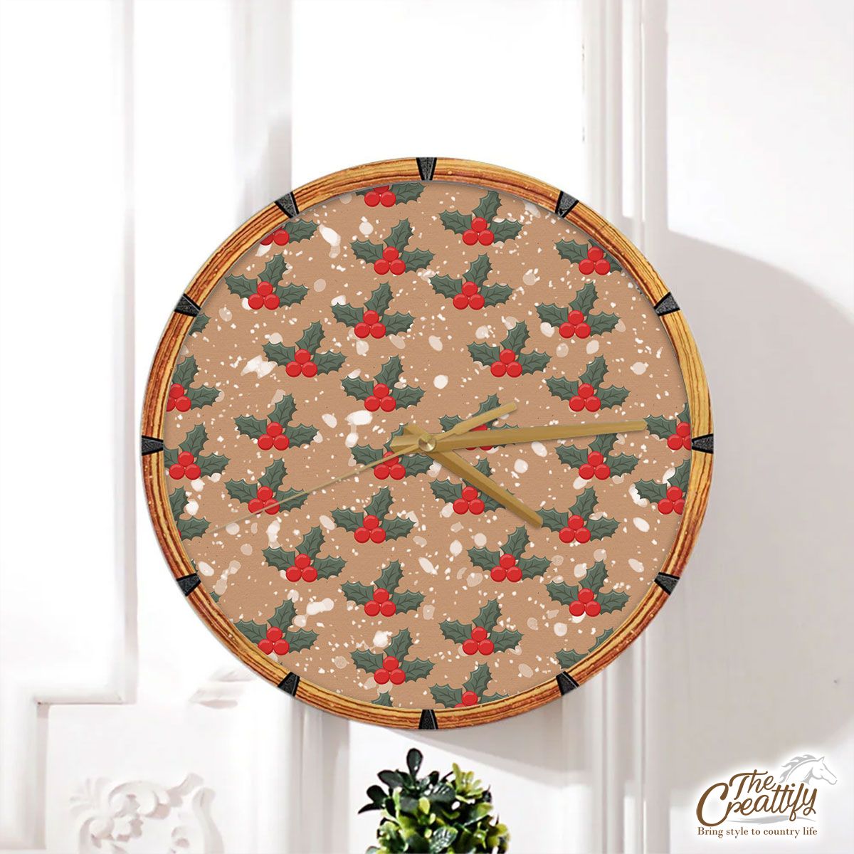 Holly Leaf On Snowflake Background Wall Clock