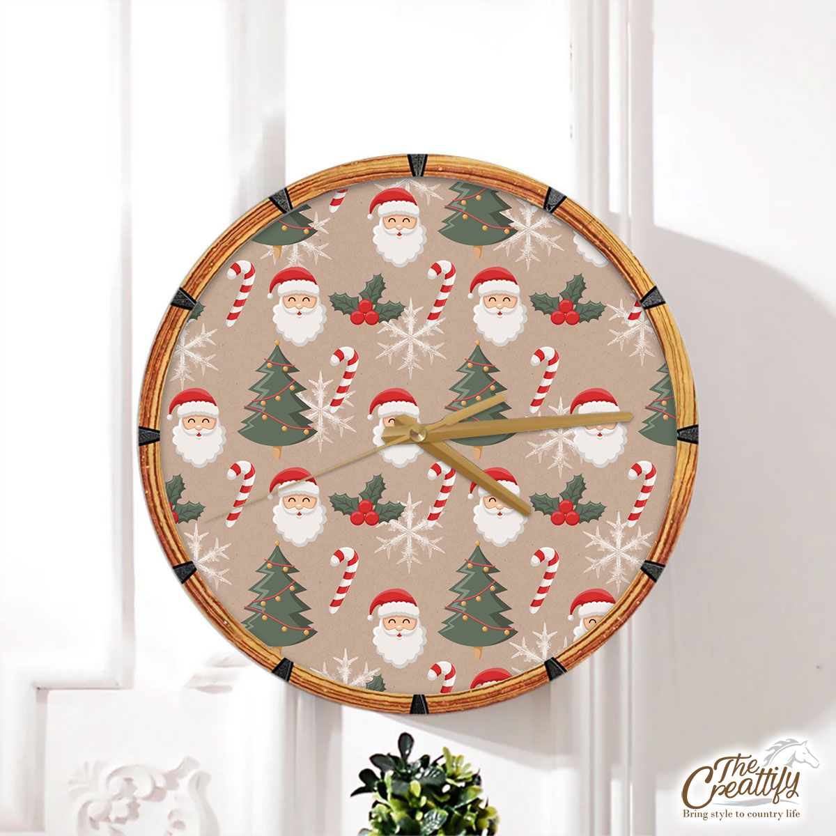Santa Clause, Christmas Tree, Candy Cane, Holly Leaf On Snowflake Background Wall Clock