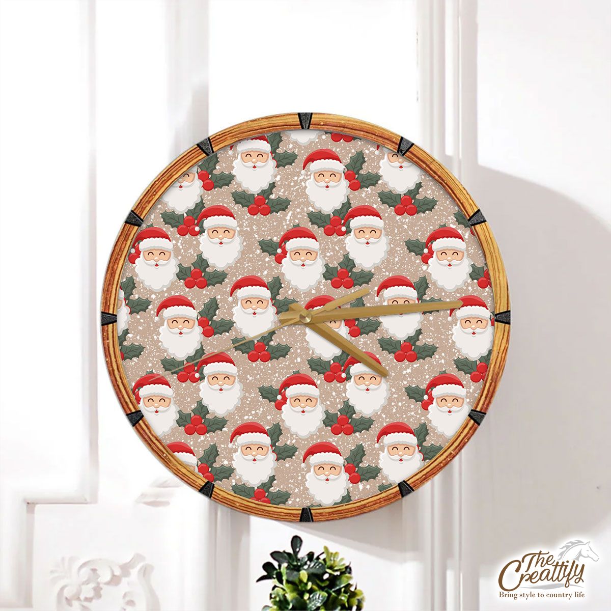 Santa Clause And Holly Leaf On Snowflake Background Wall Clock