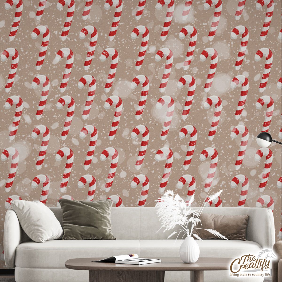 Christmas Candy Cane On Snowflake Background Wall Mural