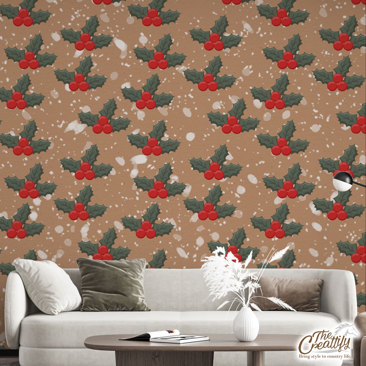 Holly Leaf On Snowflake Background Wall Mural