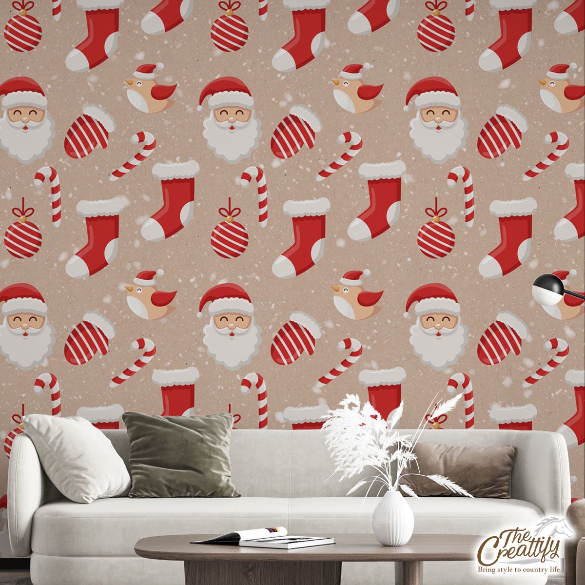 Santa Clause, Christmas Socks, Christmas Ball On Snowflake Background Wall Mural
