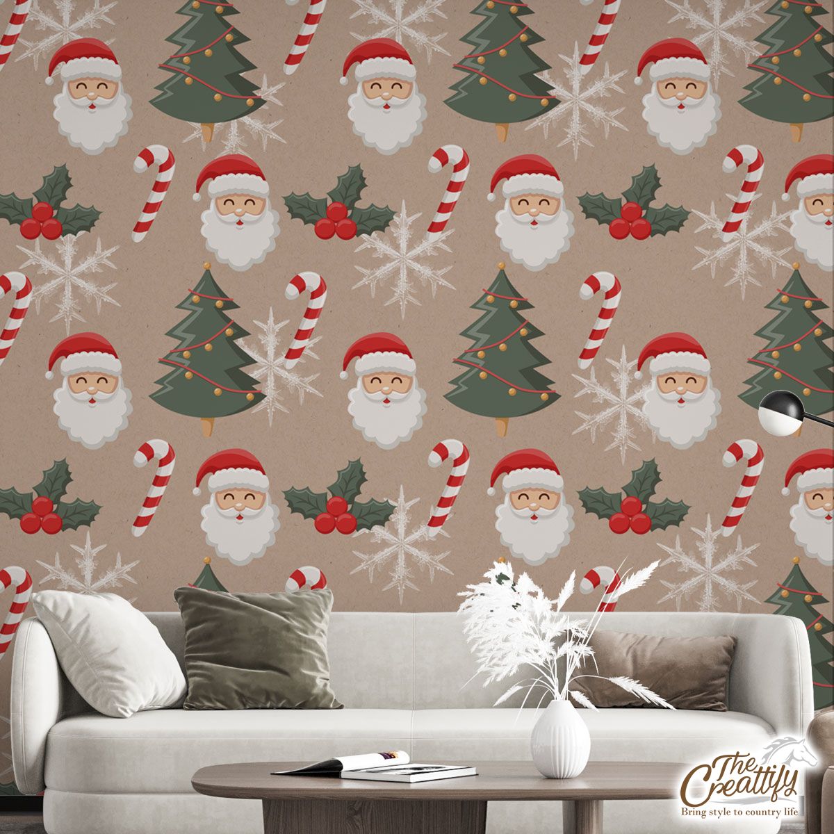 Santa Clause, Christmas Tree, Candy Cane, Holly Leaf On Snowflake Background Wall Mural