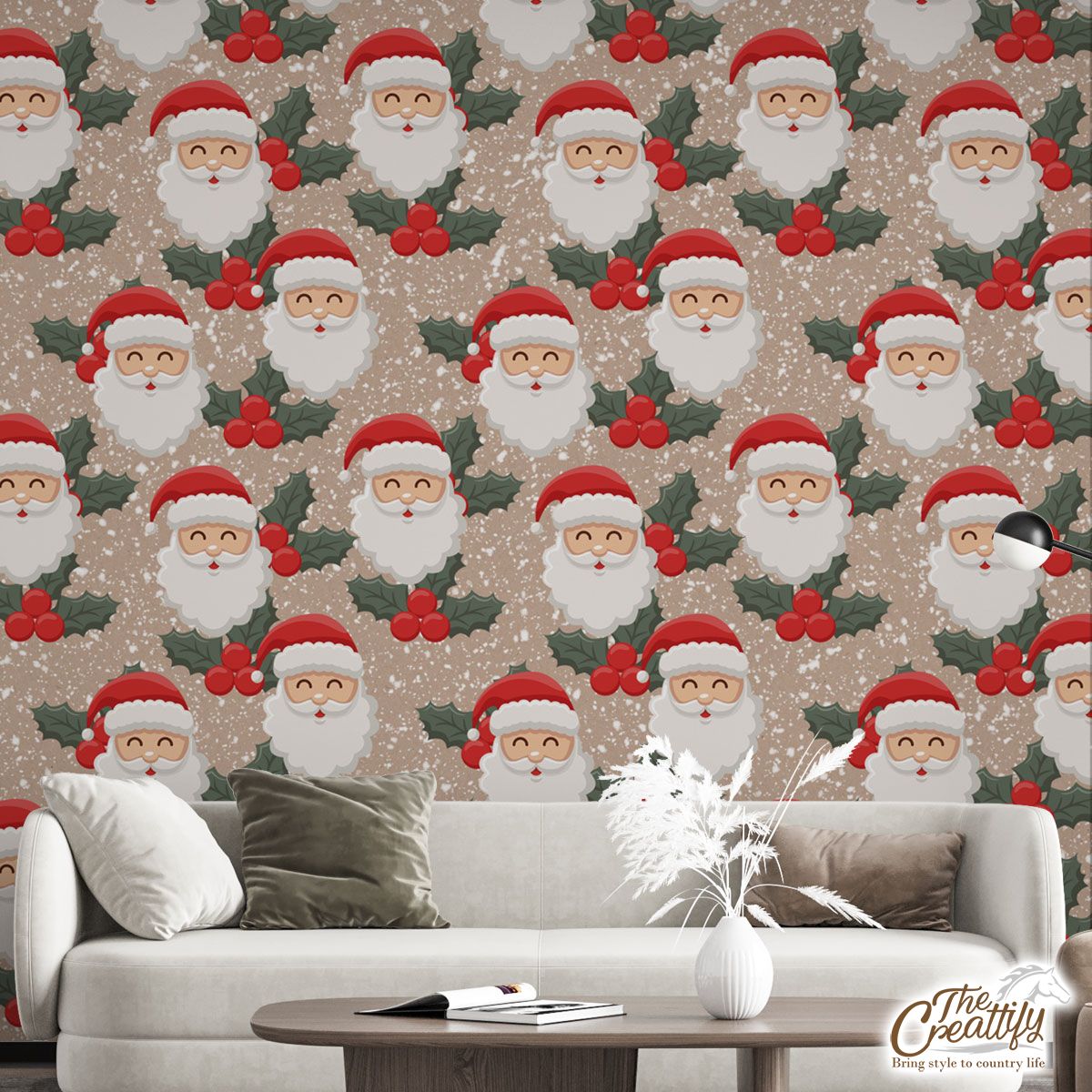 Santa Clause And Holly Leaf On Snowflake Background Wall Mural