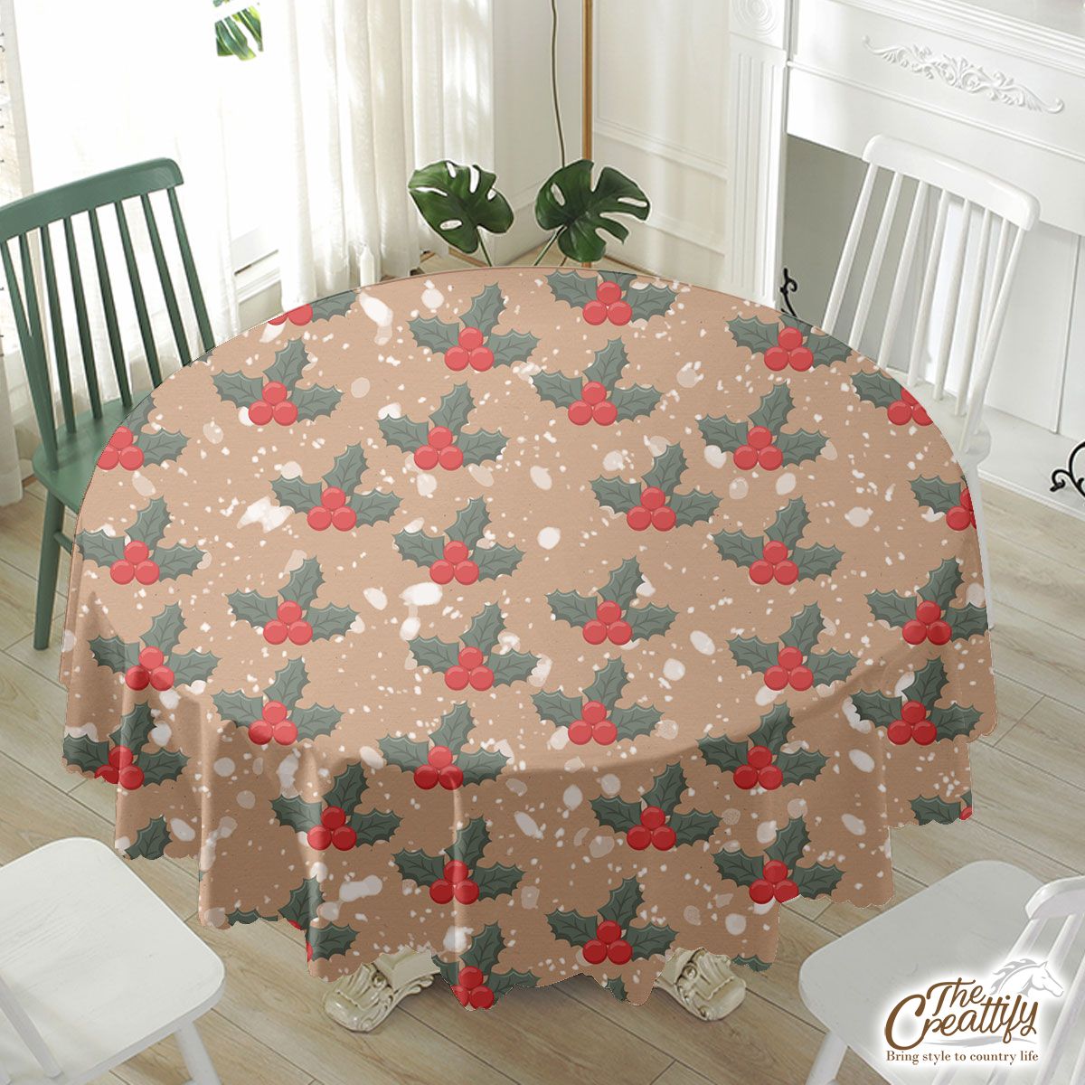 Holly Leaf On Snowflake Background Waterproof Tablecloth