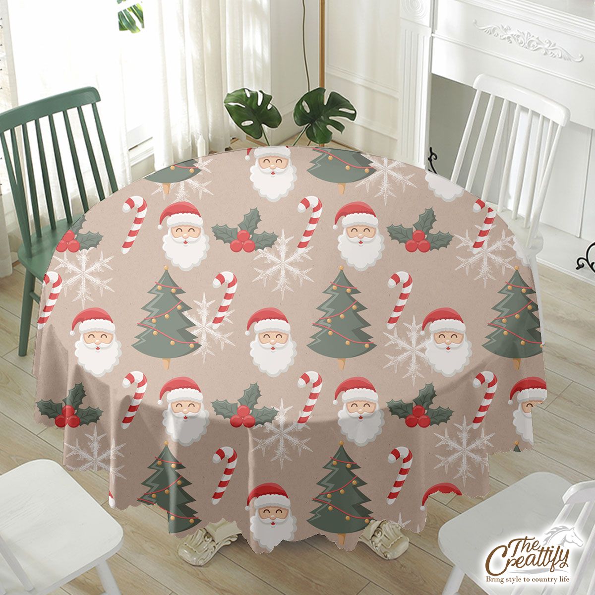 Santa Clause, Christmas Tree, Candy Cane, Holly Leaf On Snowflake Background Waterproof Tablecloth