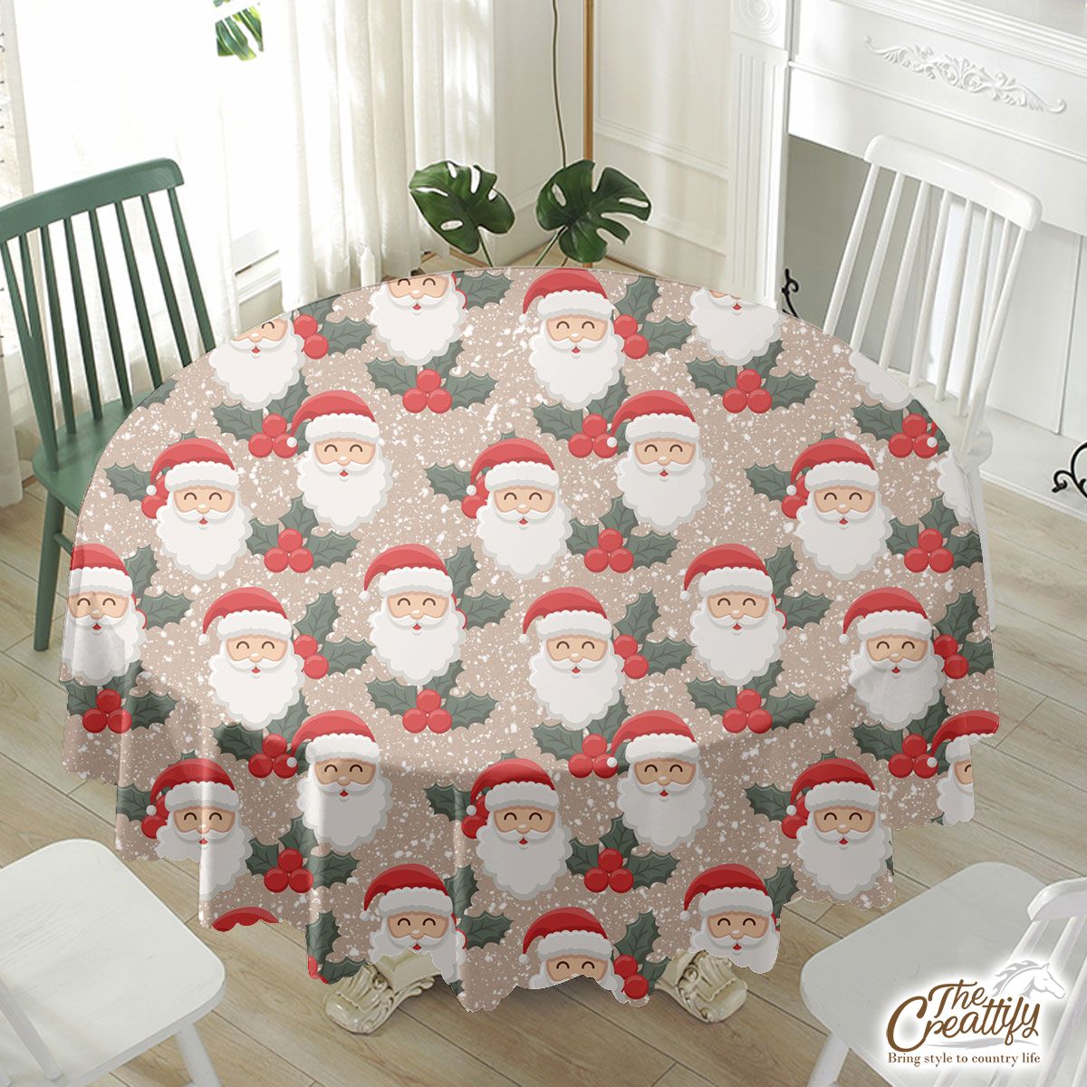 Santa Clause And Holly Leaf On Snowflake Background Waterproof Tablecloth