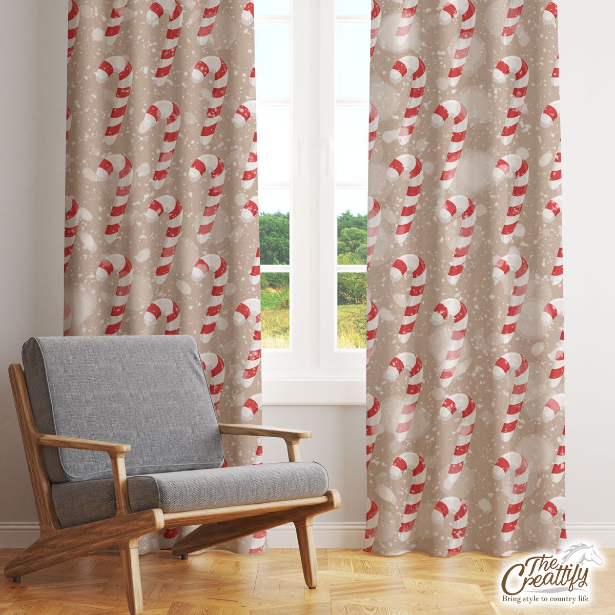 Christmas Candy Cane On Snowflake Background Window Curtain