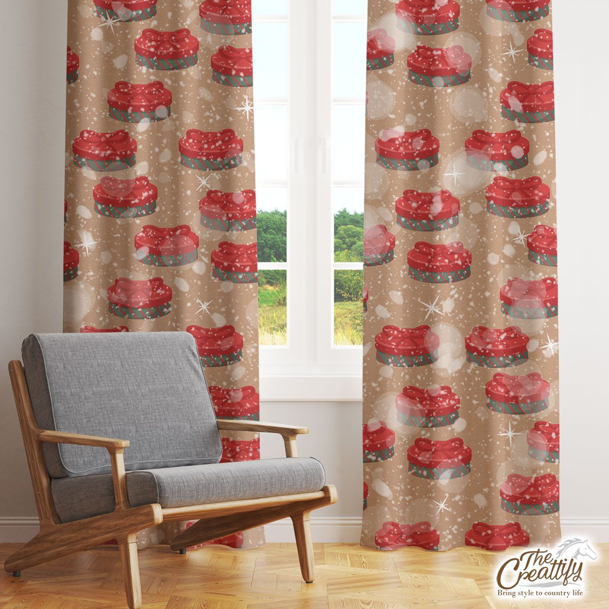 Christmas Gift On Snowflake Background Window Curtain