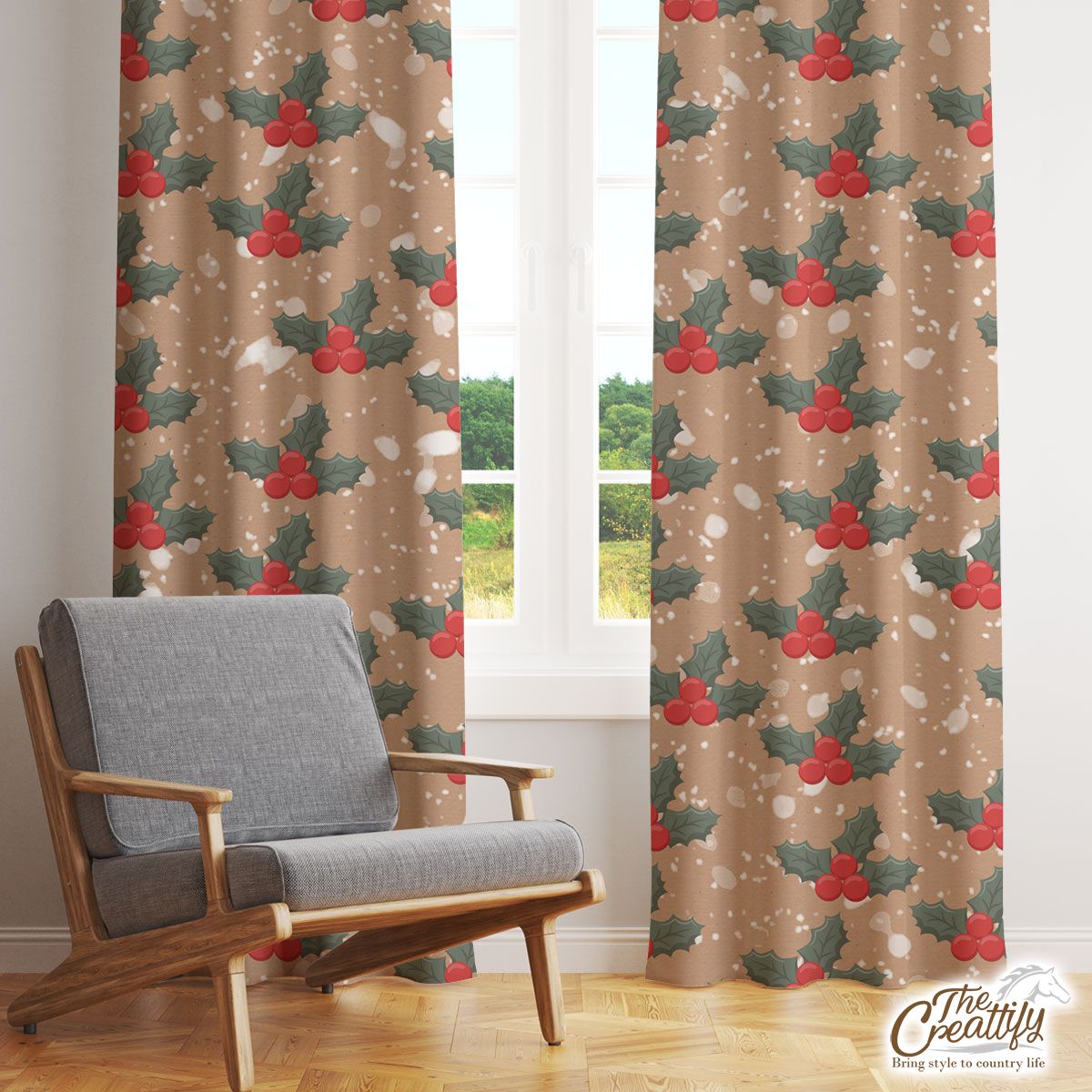 Holly Leaf On Snowflake Background Window Curtain