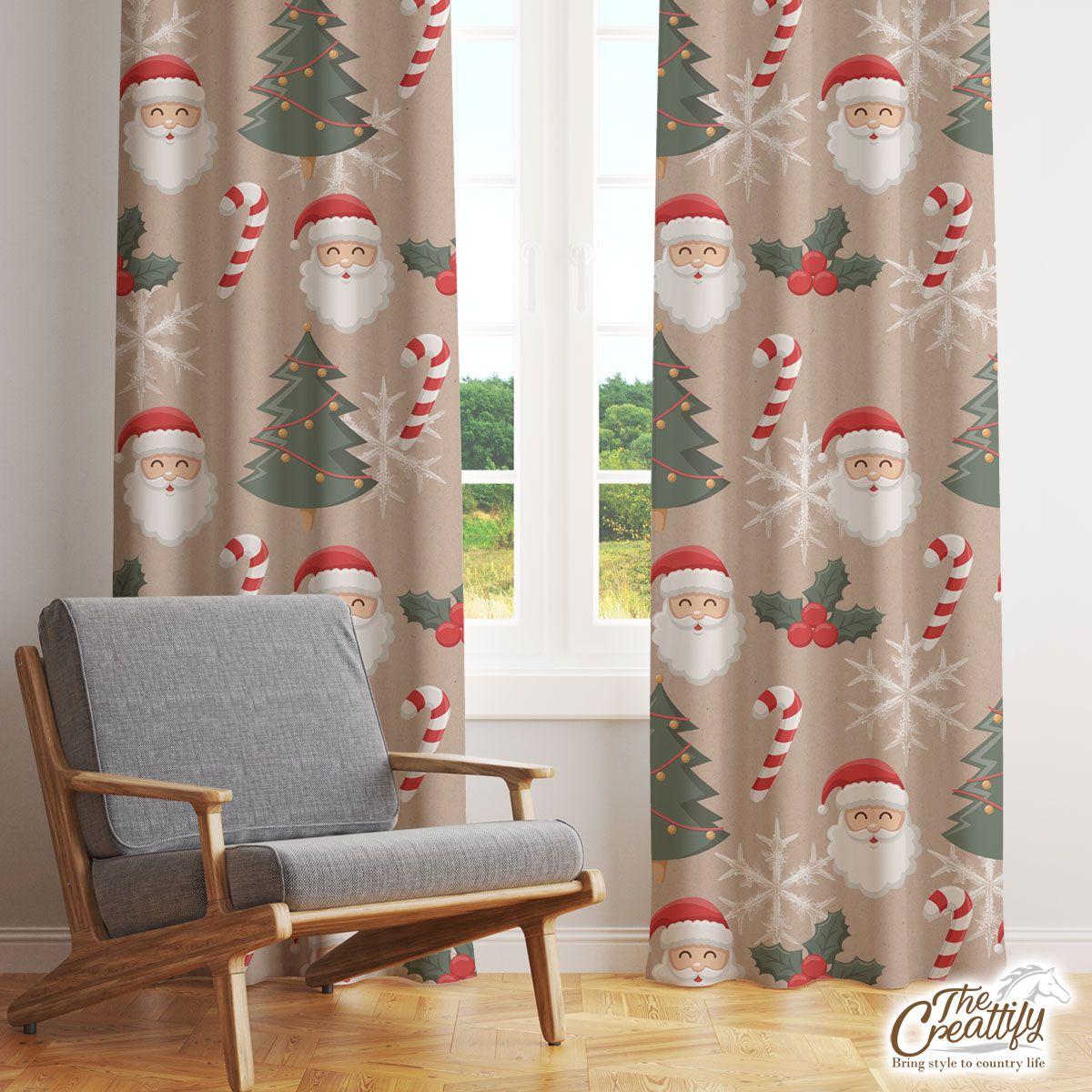 Santa Clause, Christmas Tree, Candy Cane, Holly Leaf On Snowflake Background Window Curtain