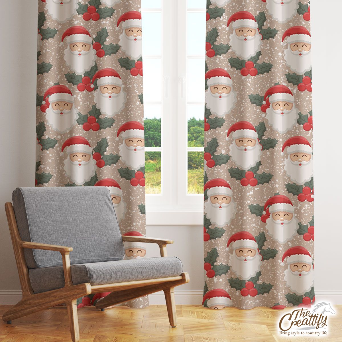 Santa Clause And Holly Leaf On Snowflake Background Window Curtain