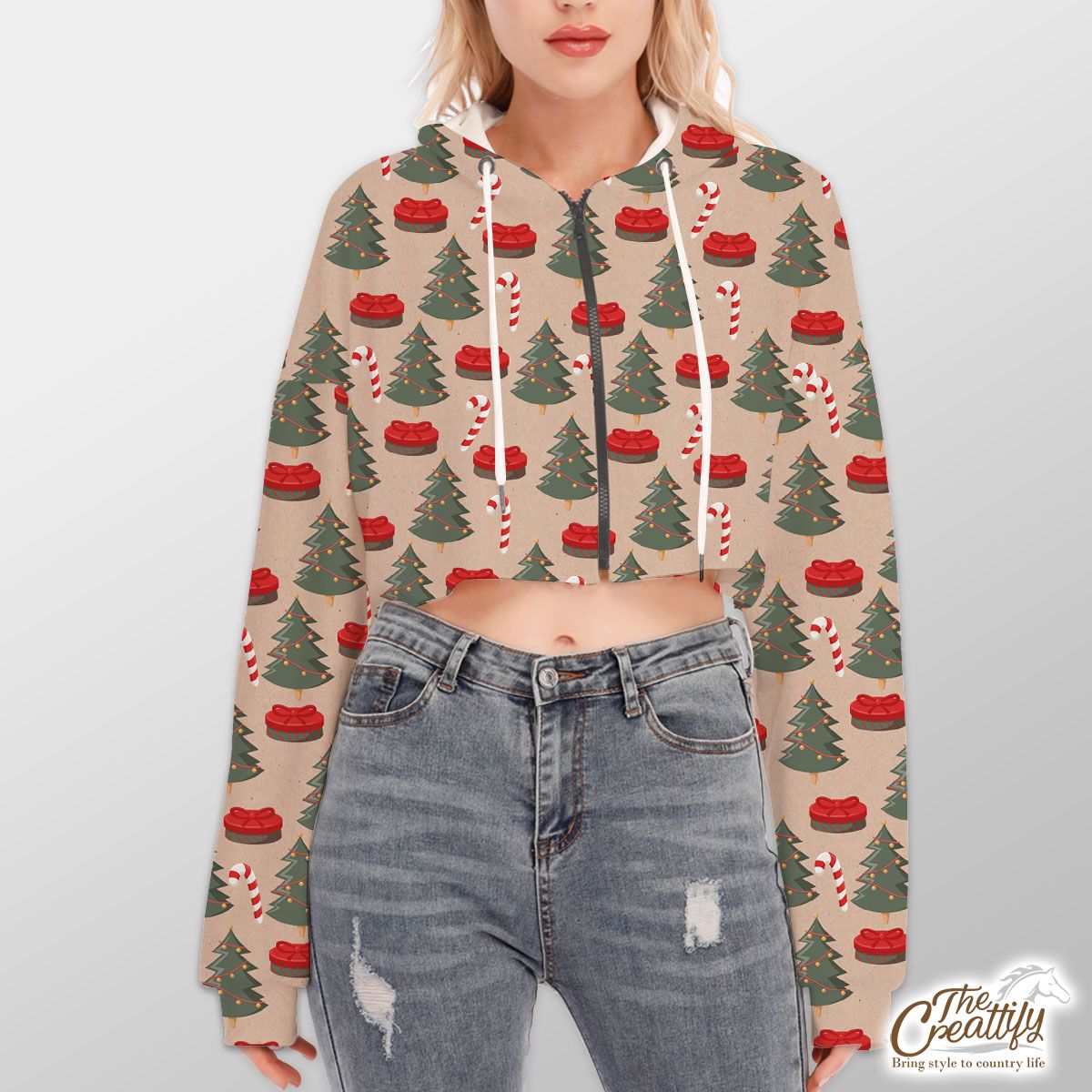 Christmas Tree, Christmas Gift, Candy Cane Hoodie With Zipper Closure