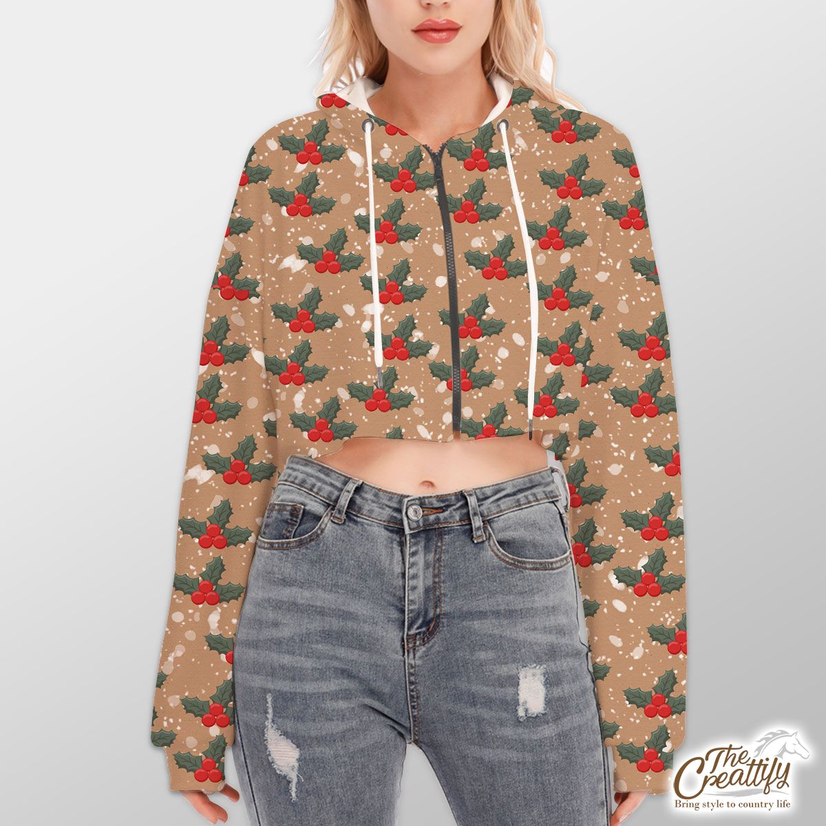 Holly Leaf On Snowflake Background Hoodie With Zipper Closure