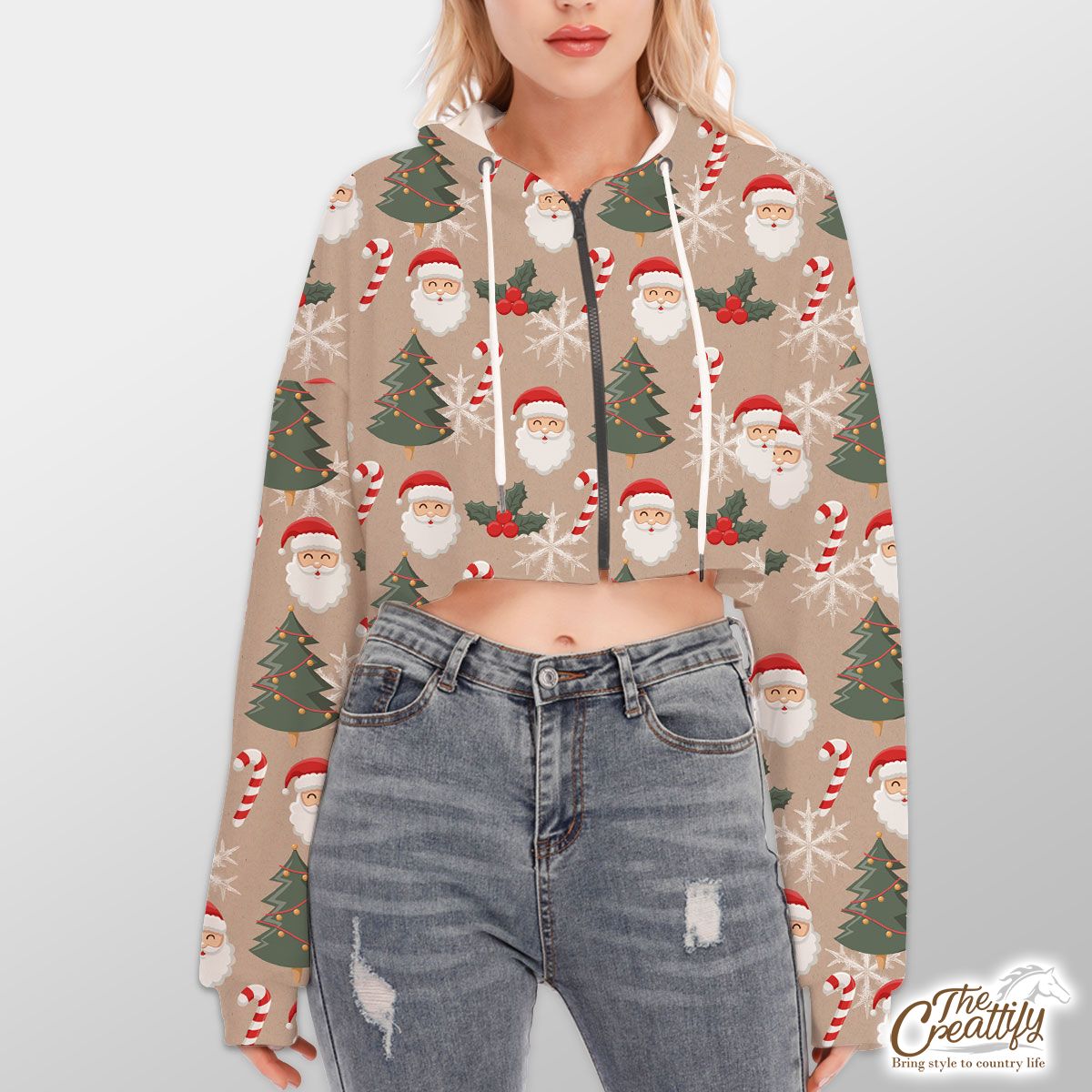 Santa Clause, Christmas Tree, Candy Cane, Holly Leaf On Snowflake Background Hoodie With Zipper Closure