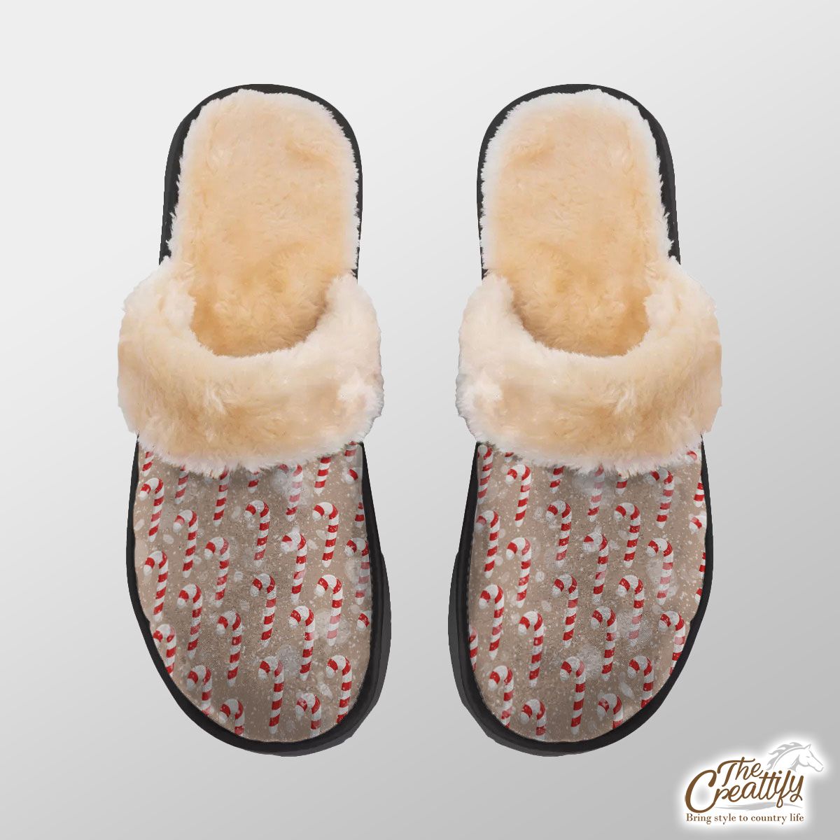 Christmas Candy Cane On Snowflake Background Home Plush Slippers