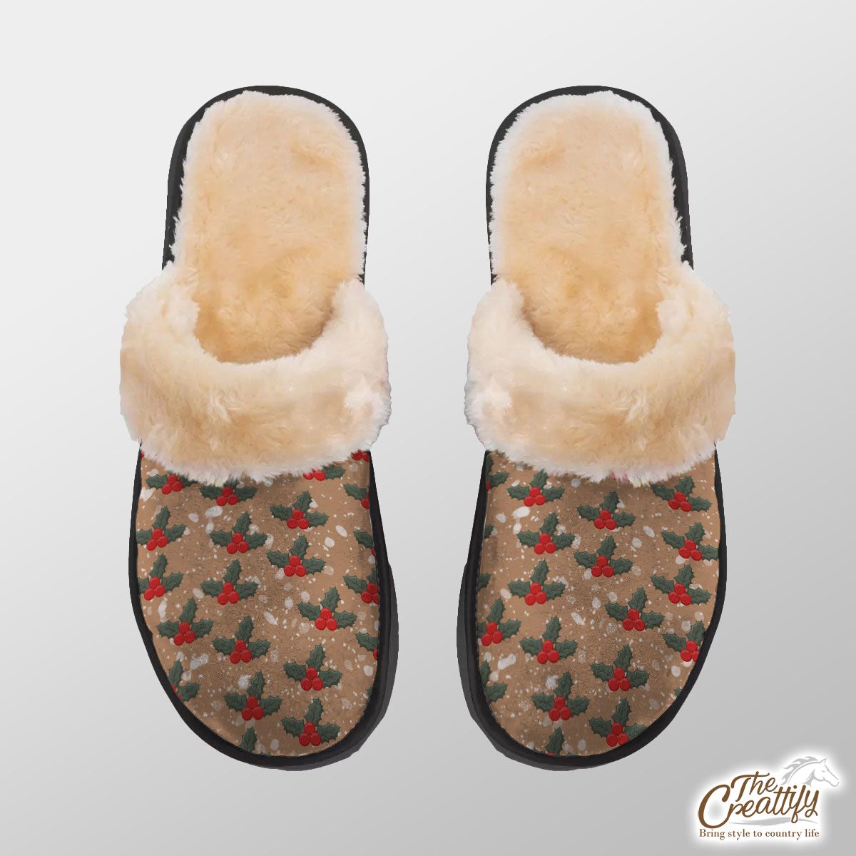 Holly Leaf On Snowflake Background Home Plush Slippers