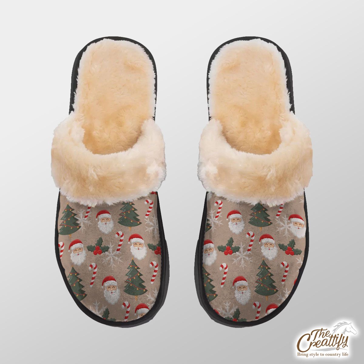 Santa Clause, Christmas Tree, Candy Cane, Holly Leaf On Snowflake Background Home Plush Slippers